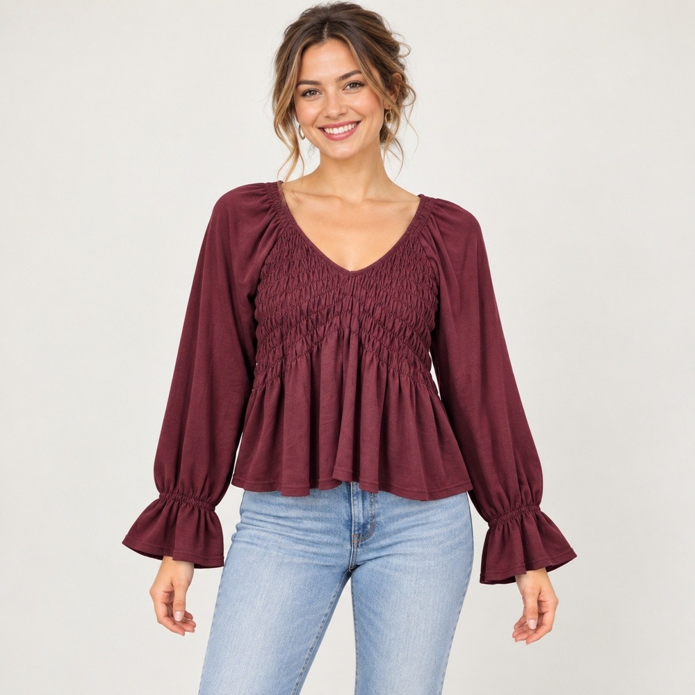 North End Smocked Babydoll Top Women Large Burgundy Bell Sleeve Boho Cottagecore